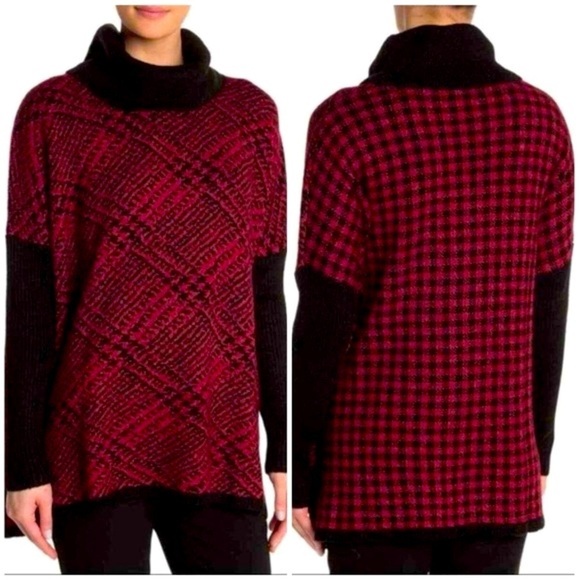 NWT Joseph A OVERSIZED Red & Black Slouchy LS Cowl Neck Patterned Sweater, Small - Picture 1 of 12